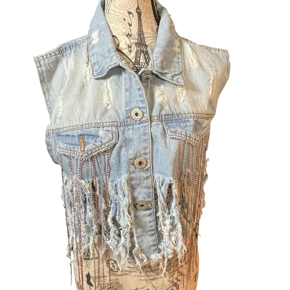 Spoon Jeans Jackets & Blazers - Distressed Denim Vest with Fringe